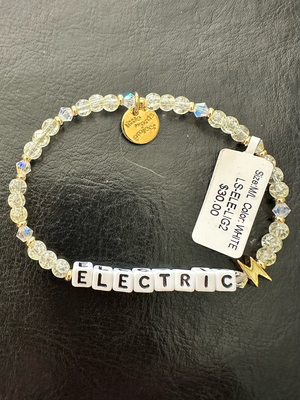 White 'Electric' Beaded Stretch Bracelet with Gold Lightning Accent